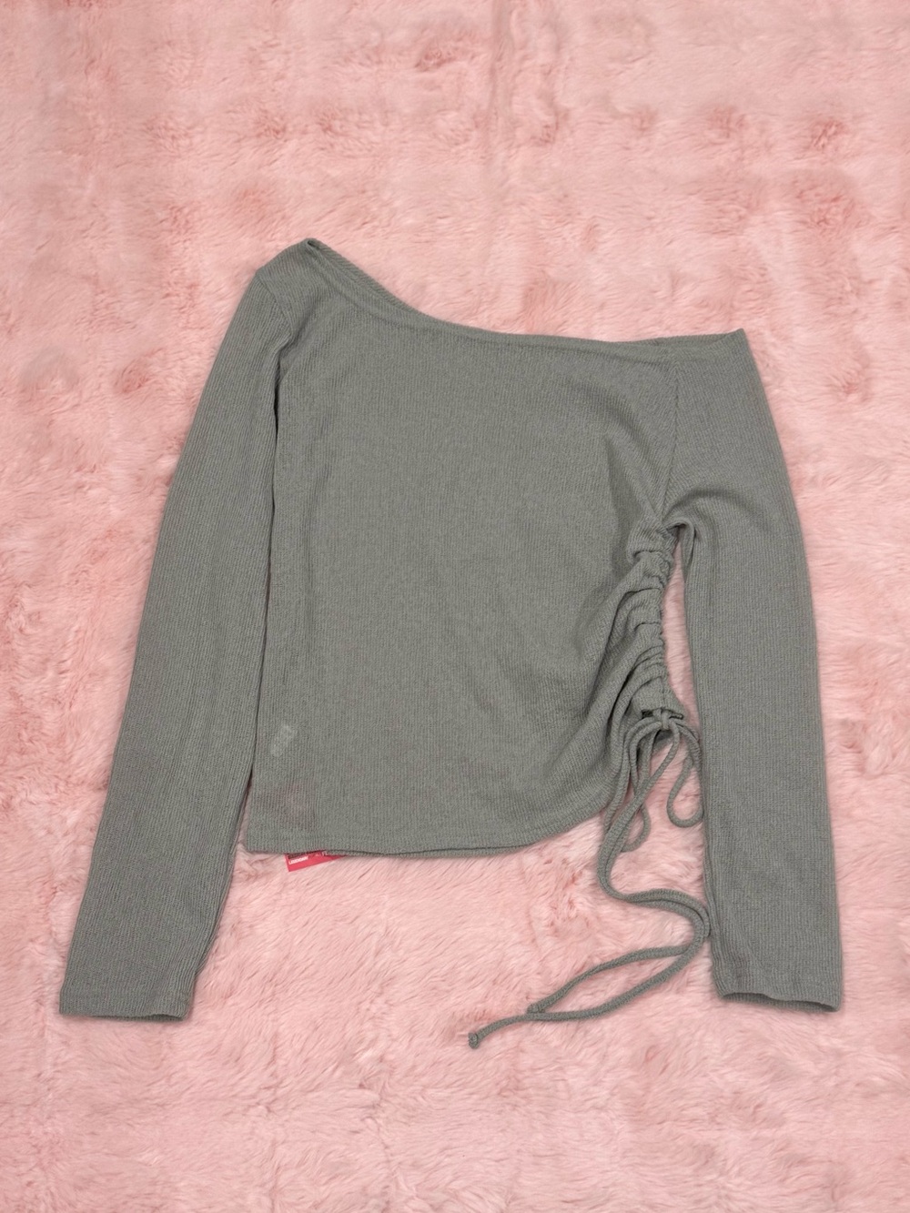 One-Shoulder Light Grey Semi-Sheer Long Sleeve Blouse